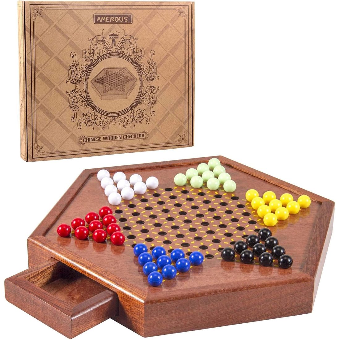 AMEROUS 12.5" Wooden Chinese Checkers with Storage Drawer