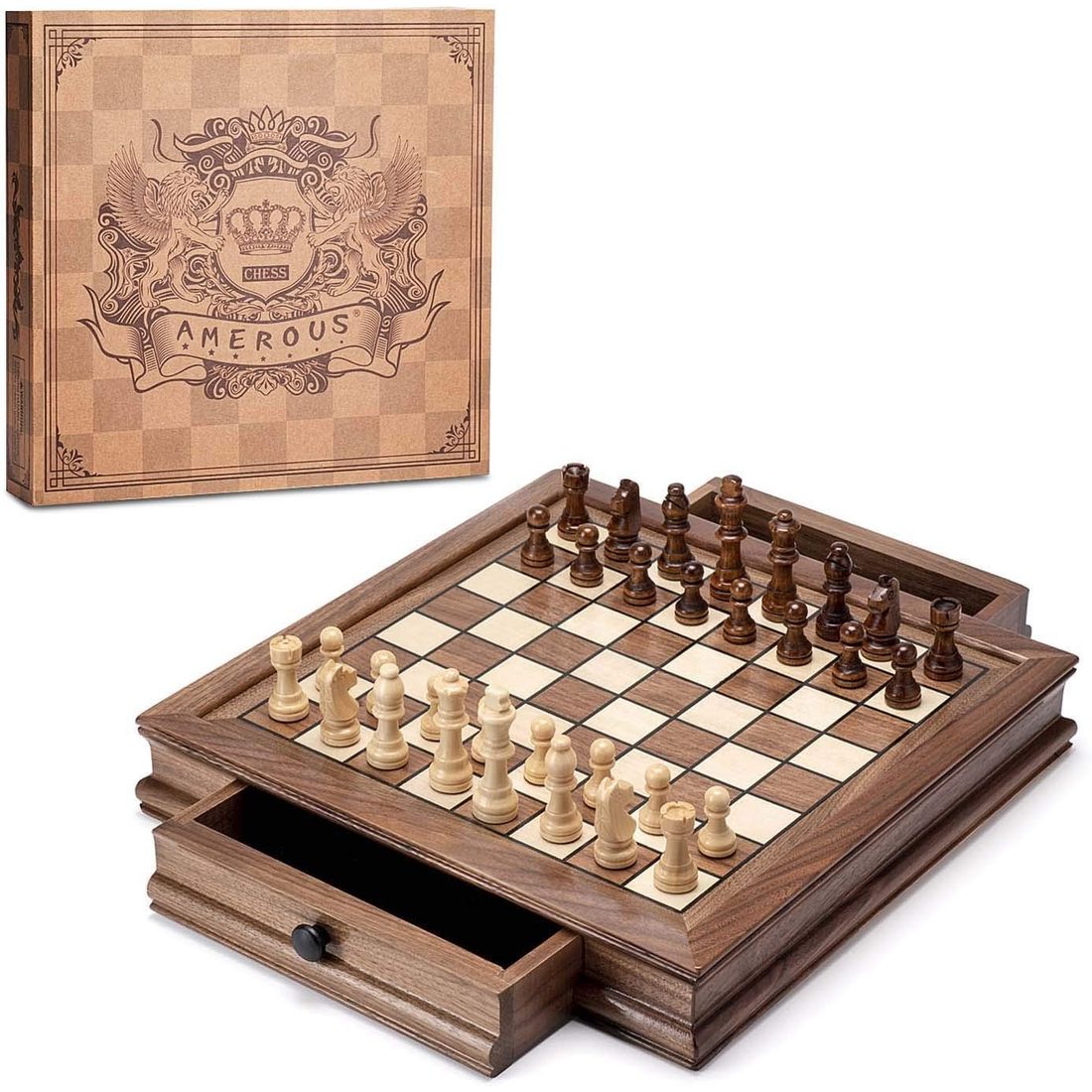 AMEROUS 12.8" Magnetic Walnut Chess Set with 2 Storage Drawers