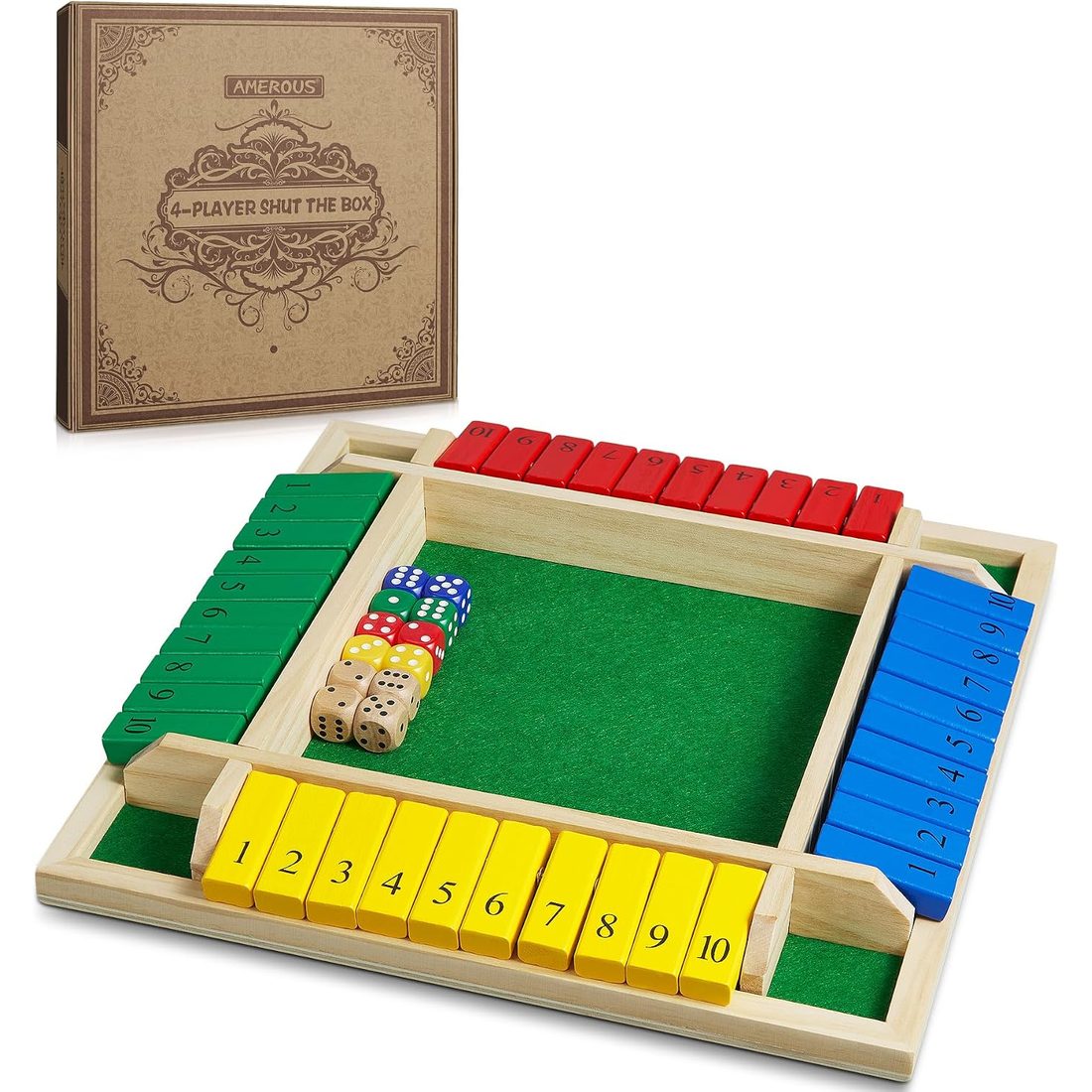 AMEROUS 12" Shut the Box, Colorful 4-Sided, 1-4 Players