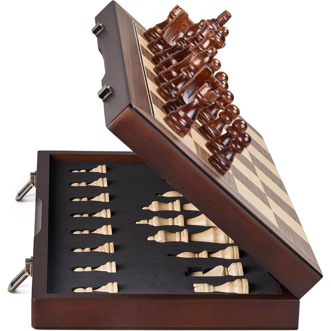 AMEROUS 15" Magnetic Folding Chess Set, Walnut & Maple Inlay
