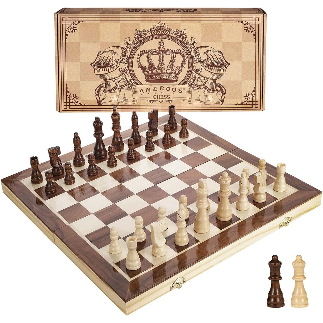 AMEROUS 15" Magnetic Folding Wooden Chess Set, 2 Extra Queens