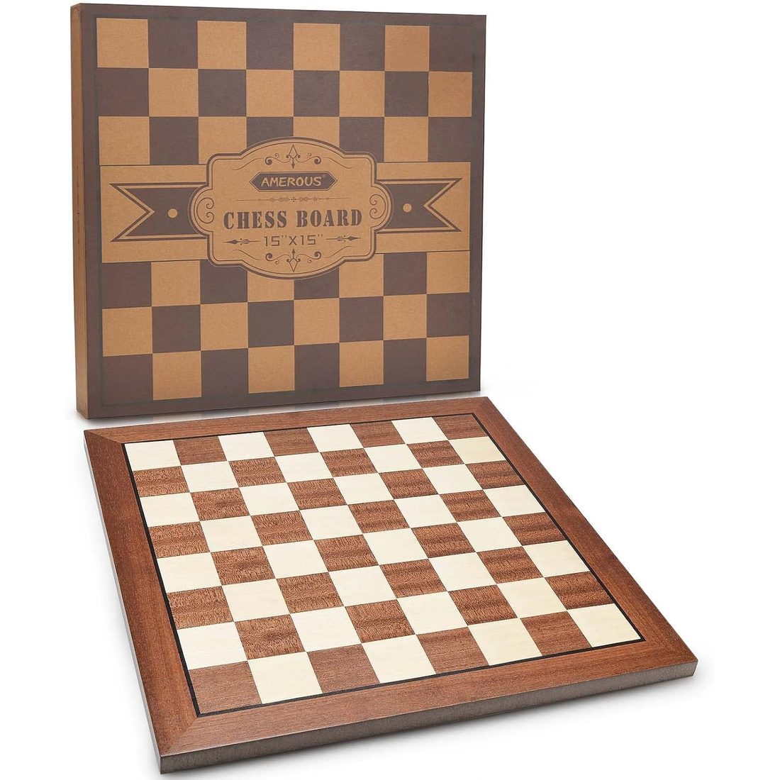 AMEROUS 15" Wooden Chess Board Only, 1.57" Squares