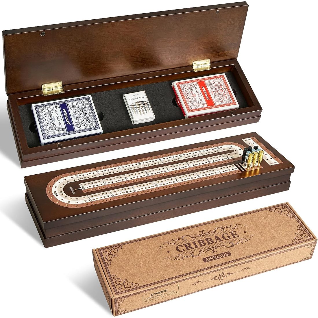 AMEROUS 3-Track Folding Cribbage Set, Metal Pegs & 2 Decks
