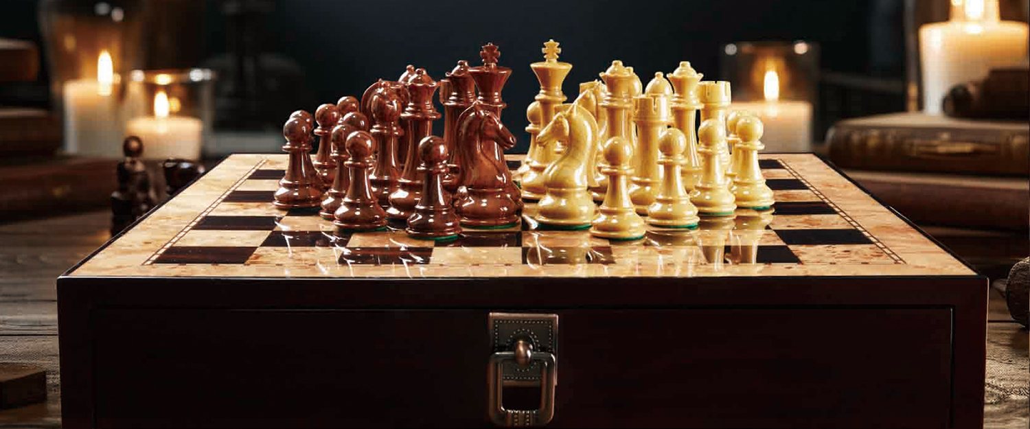 AMEROUS wooden chess set with storage drawer by candlelight